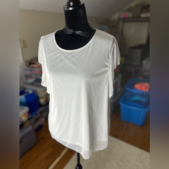 Women’s Large Liz Mccoy White Ruffle Short Sleeve Top - Picture 5 of 10